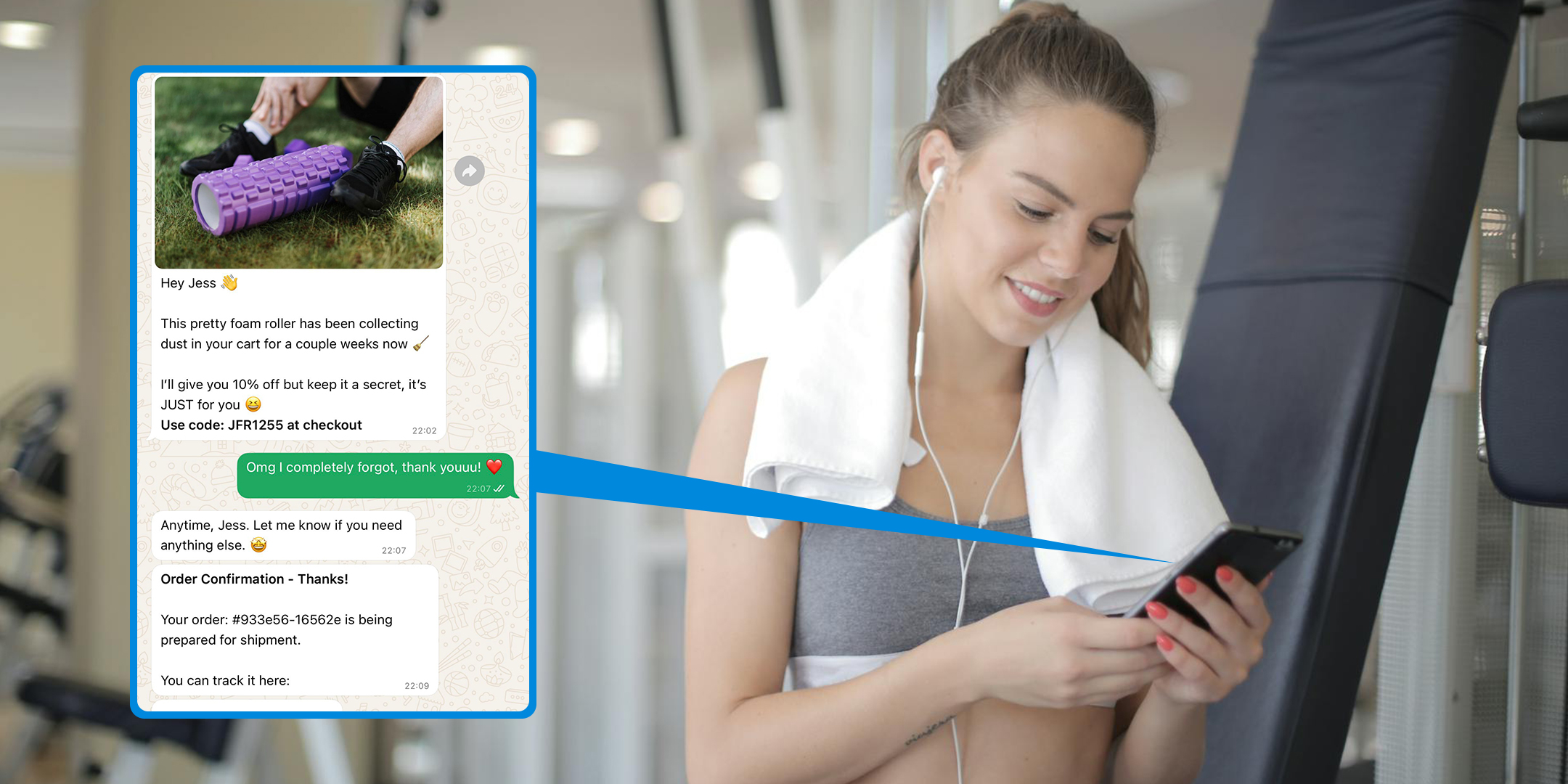 A young woman in a grey sports bra with a white towel around her neck and earphones in her ears, in the gym smiling at her phone, with a popup showing her speaking with a gym equipment retailer about purchasing a purple foam roller, made by ConvoCart
